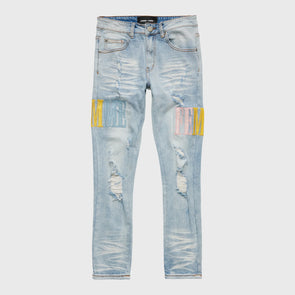 Homme Femme Letterman Denim Blue Jeans With Yellow, Baby Blue and Pink