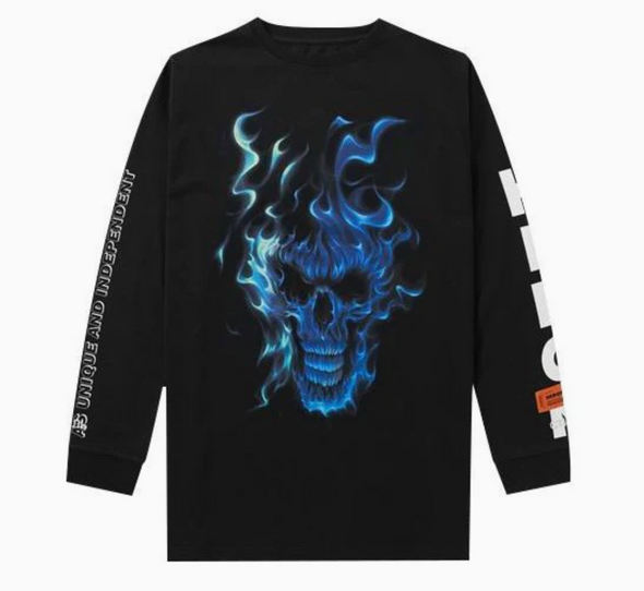 HERON PRESTON Blue Flame Skeleton Printing Long Sleeves