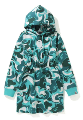 Bape MARBLE Green Mint CAMO SHIRRED WAIST PULLOVER HOODIE ONEPIECE