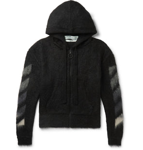 Off-White - Printed Brushed Mohair-Blend Zip-Up Hoodie - Black